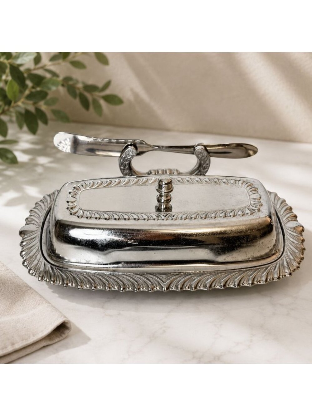 Vintage Irvinware Chrome Covered Butter Dish With Knife Holder MCM USA Server